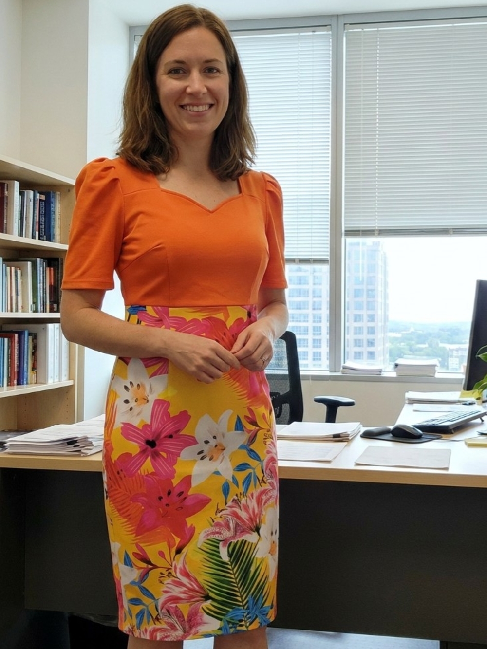 Women’s Orange Floral Midi Dress Puff Sleeve Summer Office Party Sheath Size M